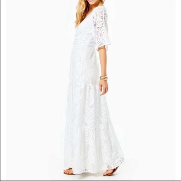 New Lilly Pulitzer Parigi Maxi Dress Resort White Bungalow Blossom Lace Womens L